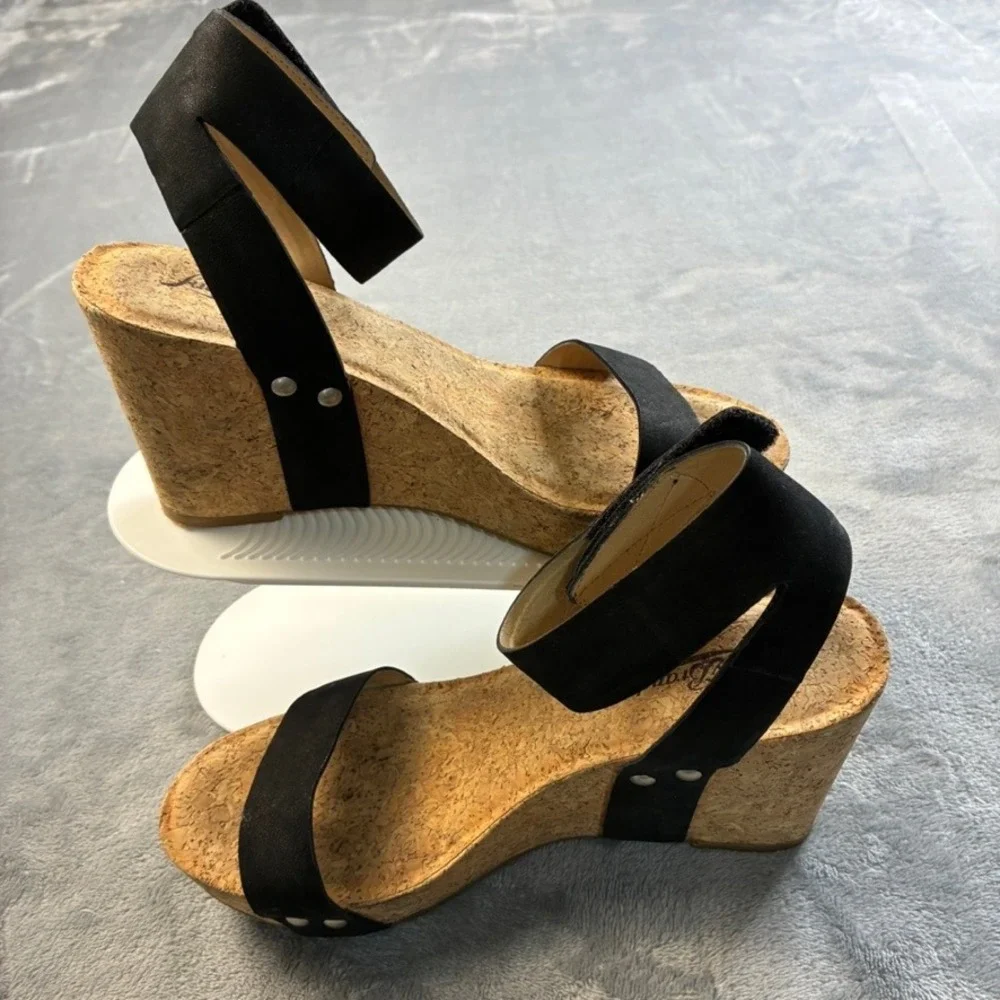 Lucky Brand McDowell Black Leather Cork Wedge Heel Sandals Womens 8M LK-MCDOWELL